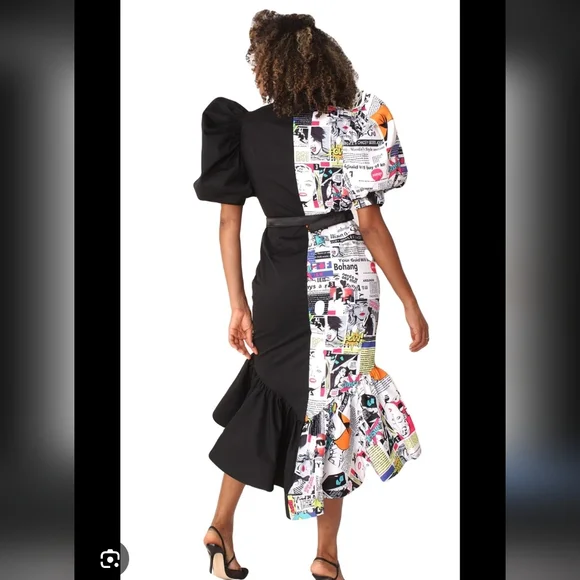 For Her NYC Womens Mixed Media Black White Puff Sleeve Comic Retro Dress. XL - Picture 4 of 9